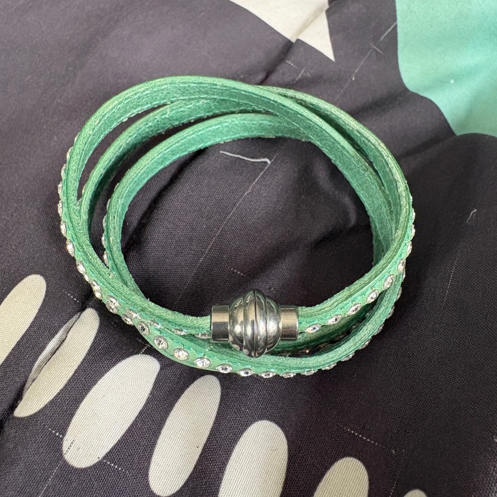 Blue Leather Wrap Bracelet with Rhinestones - Picture 2 of 3